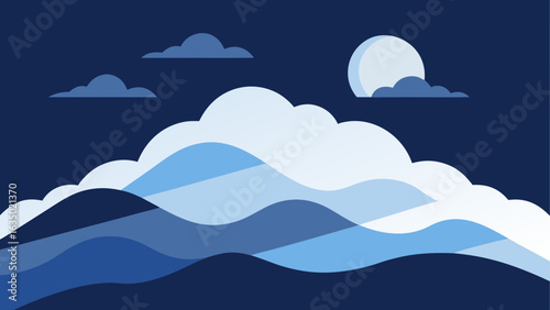 Stylized blue mountain landscape under a full moon