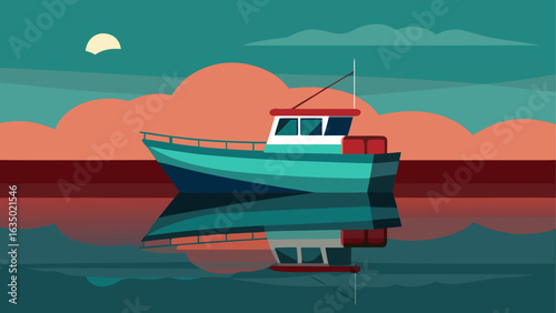 Turquoise fishing boat on calm water at sunset