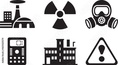 Industrial Hazard and Safety Icons Depicting Pollution, Radiation, and Environmental Risks