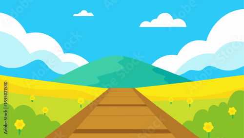 Cartoon train tracks leading to green hills