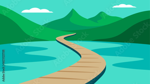 Wooden boardwalk winds through turquoise water and green mountains