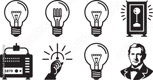 Canvas Print Invention Icons Light Bulb Thomas Edison Switch Machine Portrait Black and White