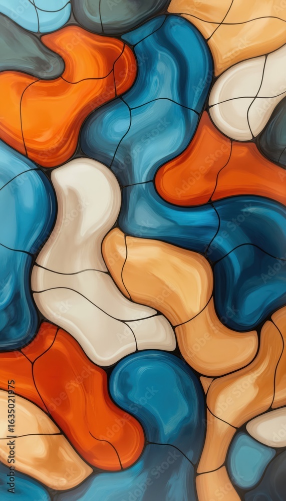 Fototapeta premium Abstract 3D wallpaper featuring inflated shapes in blue, orange, beige. Seamless pattern with glossy crystal effect, dynamic liquid flow. Elegant, modern, futuristic design creates captivating visual