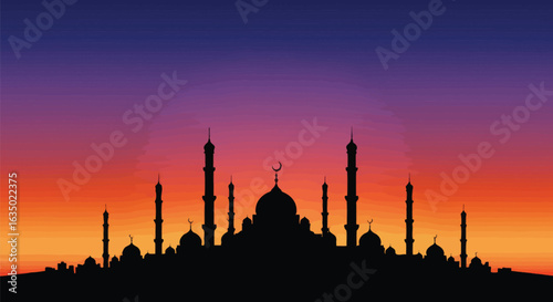 Silhouette of a mosque against a vibrant sunset backdrop invoking spiritual serenity and cultural