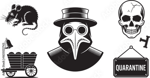 Plague Doctor and Black Death Icons Featuring Rat, Skull, Quarantine Sign, and Medical Mask