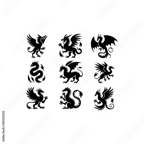 A set of 9 black fill only fantasy-themed creatures griffins  hydras, dragons and phoenixes silhouetted with realistic anatomical features