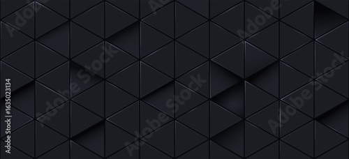 3D connected triangle pattern on black background. Geometric shapes in dark tones with slight emphasis. Modern minimalist style. Suitable for art or digital design.