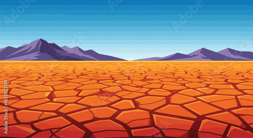 Stylized arid landscape illustration featuring cracked earth and distant mountains offering a