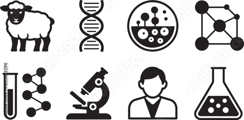 Science and Research Icons Set Black Silhouette on Transparent Background - Biology, Chemistry, Genetics