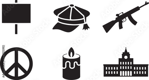 Symbolic Protest Icons Collection Sign, Hat, Rifle, Peace, Candle, Building Vector Illustration