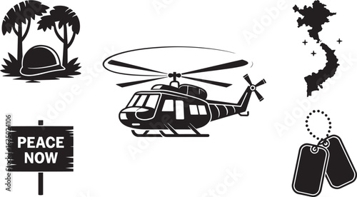 Vietnam War Era Symbols Silhouette Vector Illustration Featuring Helicopter, Helmet, and Peace Sign