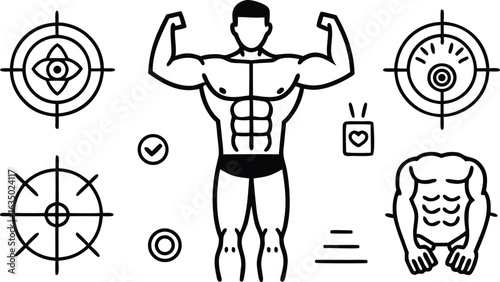 Bodybuilder flexing muscles and fitness icons line art vector illustration