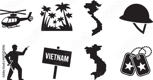 Vietnam War Vector Illustration Set Depicting Conflict, Military, and Historical Elements on Transparent