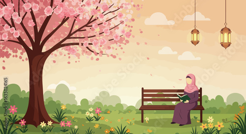 Tranquil Scene: A Muslim Woman Reading Under a Cherry Blossom Tree in Spring Park