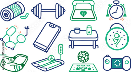 Colorful Doodle Icons for Fitness and Health with Dumbbells and Yoga Mat exercise workout