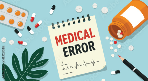 Vector illustration depicting medication oversight causing healthcare safety breach and