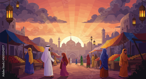 Vibrant illustration of a bustling Middle Eastern marketplace at sunset evoking cultural richness
