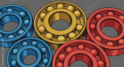 Vividly colored ball bearings in a stylized illustration showcasing precision engineering and