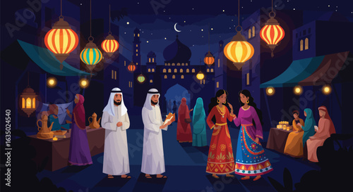 Vibrant vector illustration showcasing a night at a bustling middle eastern market street