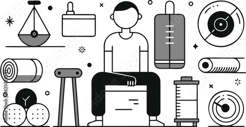 Fitness and exercise icons with a person sitting on a stool and various objects abstract background