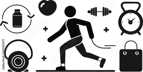 Fitness and Health Icons Silhouette Collection with Running Man Dumbbell and Kettlebell exercise workout
