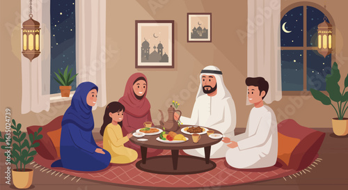 Warmth emanates from this illustration of a middle eastern family gathering for a meal at night
