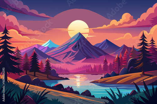 vector of The beautiful sunrise from behind the mountain that beautifies the landscape of nature...