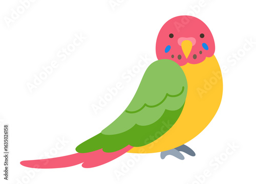 Parrot tropical cartoon illustration. Exotic bright budgerigar green parrot childish trendy art for kids, sticker card, poster cover. Wildlife jungle Hawaiian cute bird funny vivid vector character