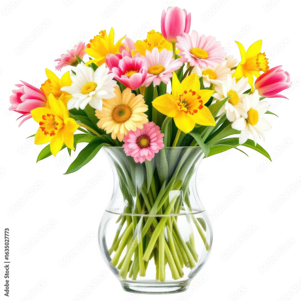 Fototapeta premium Blooming bouquet in glass vase: A vibrant collection of daisies, tulips, and daffodils flourishes within a transparent glass vase, creating a captivating display of nature's elegance.