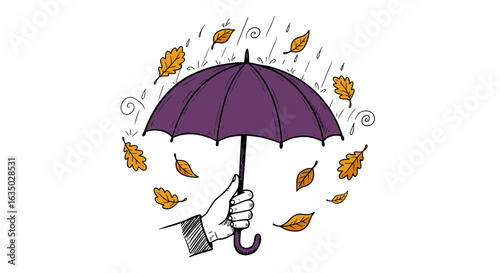 Purple umbrella in black and white hand with autumn leaves and rain – vintage sketch doodle vector illustration on white background, engraving woodcut style