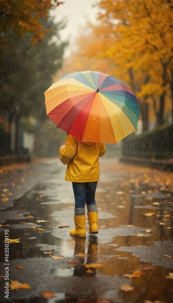 Obraz premium Child in yellow raincoat and boots holds colorful umbrella while walking on wet autumn street. Fallen leaves float on water puddles reflecting trees and cloudy sky. Joyful outdoor activity.