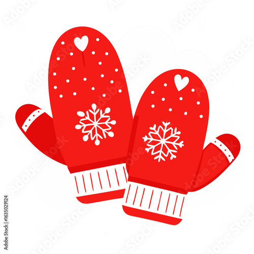 Red mittens with snowflake patterns, adorned with hearts, set against a snowy background