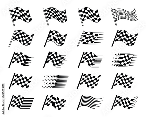 Racing Flags Collection: A compilation of stylized racing flags in dynamic, waving forms. Each flag, a monochrome testament to the finish line, captures motion and speed with precision.