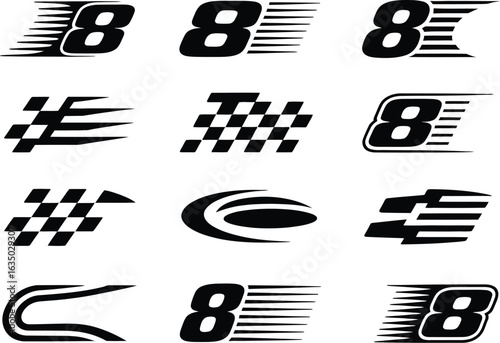 Speedy Racing Logos: A collection of dynamic black racing logos on white. each design representing speed, velocity, and the thrill of the track, ideal for motorsports branding.
