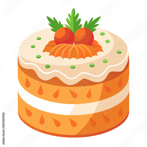 Delicious carrot cake with frosting and decorative toppings on a white background, copy space
