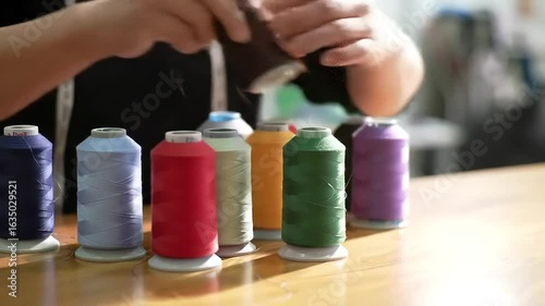 Seamstress selects thread, studio background