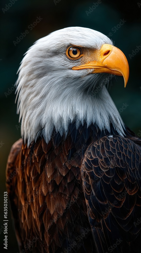 Obraz premium Close-up portrait of a bald eagle with an intense gaze, showcasing its powerful presence against a blurred natural habitat.