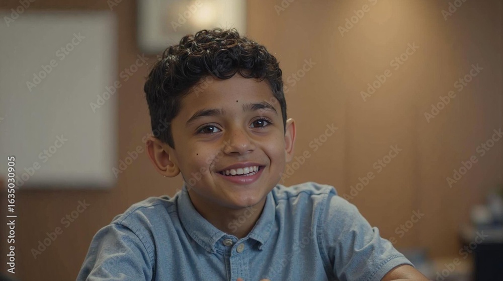 Naklejka premium Smiling Young Boy in Light Blue Polo with Warm Wooden Background