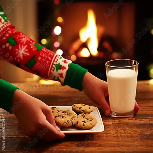 A young child carefully places cookies and a glass of milk for Santa Claus on Christmas Eve, a heartwarming tradition of festive anticipation.