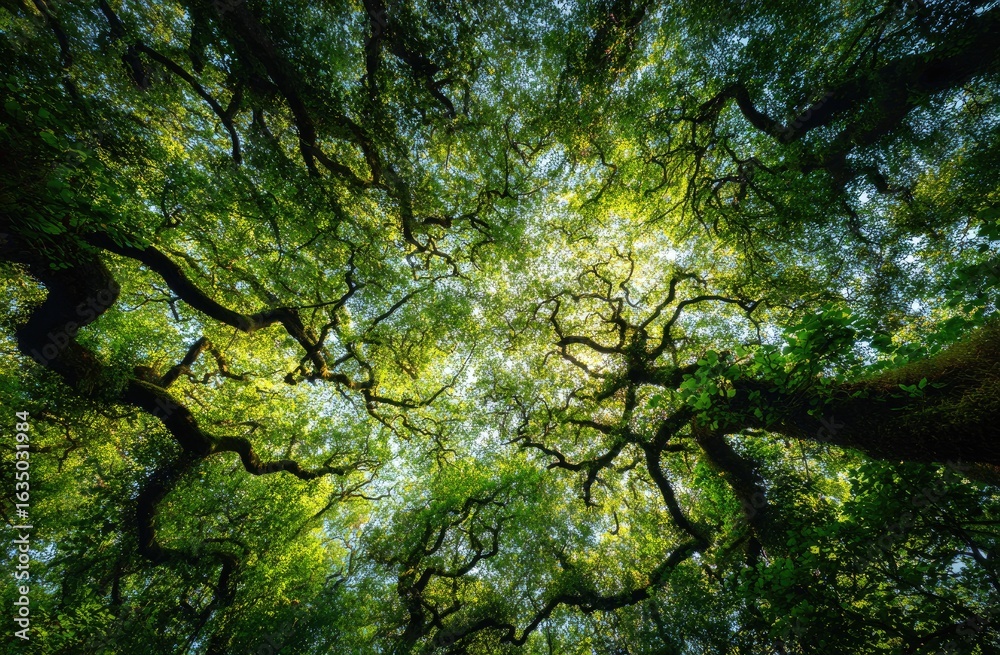 Fototapeta premium A low-angle shot reveals a dense canopy of large, gnarled trees, their branches intertwining to create a verdant, sun-dappled ceiling overhead