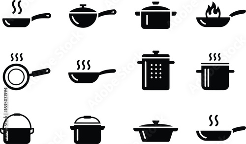 Collection of various cooking pots and pans with steam illustration