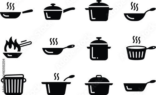 Collection of cooking pots and pans with steam and flames icons
