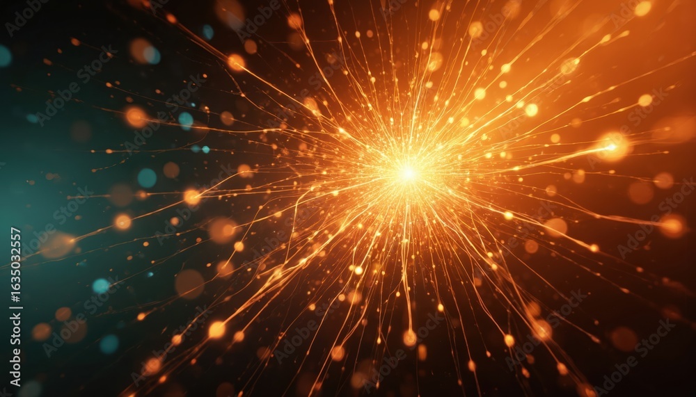 Fototapeta premium Abstract glowing orange particle network with connected dots and lines on dark background. Futuristic technology design with illumination energy, representing digital data, science connections.