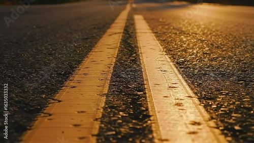 Wet road lines at sunset, blurred background