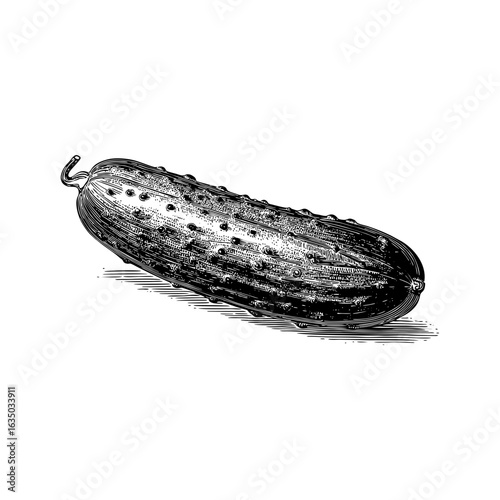 Engraving style illustration of whole cucumber with textured skin in black and white on transparent background – Vegetable vector for healthy food packaging, botanical prints, and diet planning 