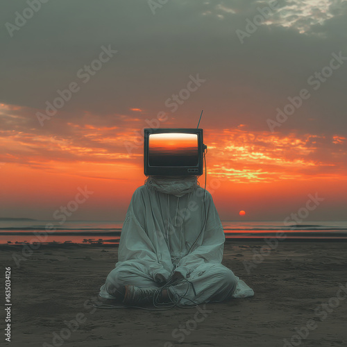 Minimal, Surreal and Abstract Lofi Album Cover Art of TV-Head Figure Sitting at Sunset Beach