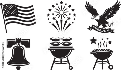 American Patriotic Icons Set Line Art Style Independence Day Freedom Liberty USA Pride