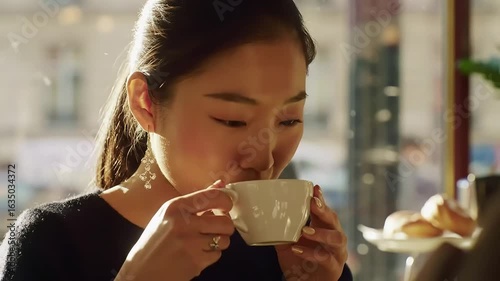 Woman enjoys coffee, cafe, city view, pastries
