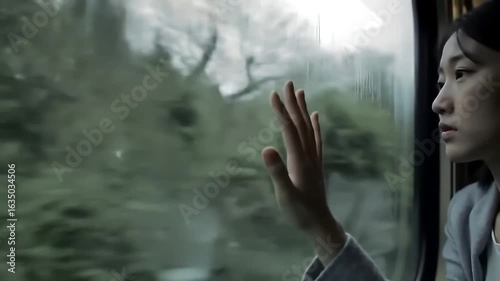 Woman gazes sadly from train window, rain blurred landscape