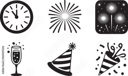 New Year's Eve Icons Set Outline Style Vector Illustration for End of Year Celebration